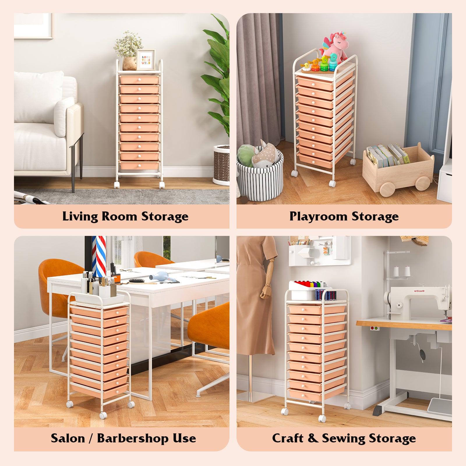 10 Drawer Rolling Storage Cart Organizer with 4 Universal Casters, Cherry File Cabinets at Gallery Canada