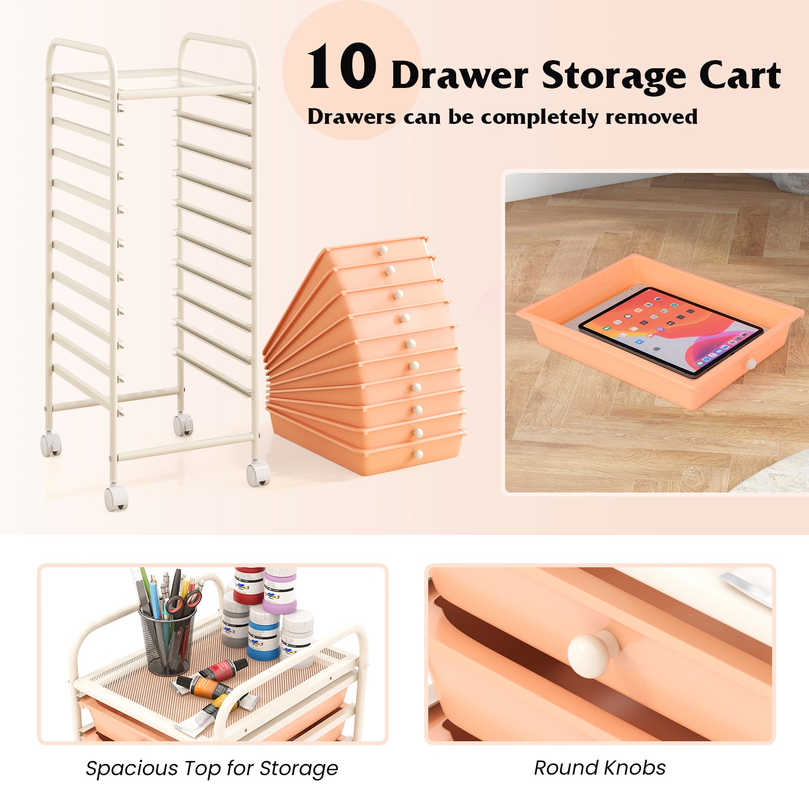 10 Drawer Rolling Storage Cart Organizer with 4 Universal Casters, Cherry File Cabinets at Gallery Canada