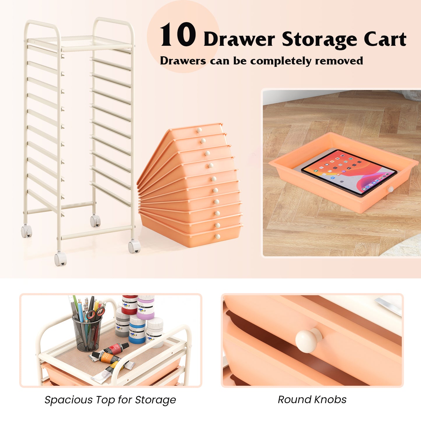 10 Drawer Rolling Storage Cart Organizer with 4 Universal Casters, Cherry File Cabinets at Gallery Canada