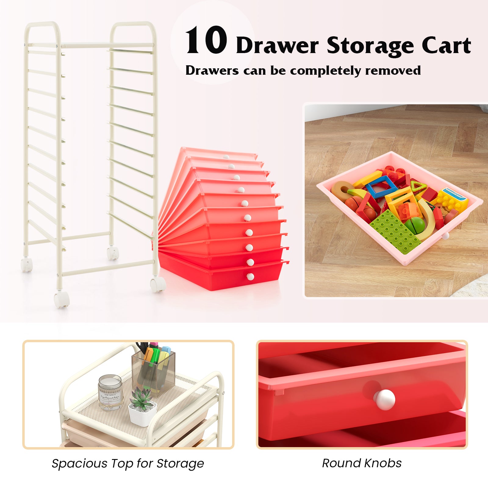 10 Drawer Rolling Storage Cart, With 4 Casters, Pink File Cabinets at Gallery Canada