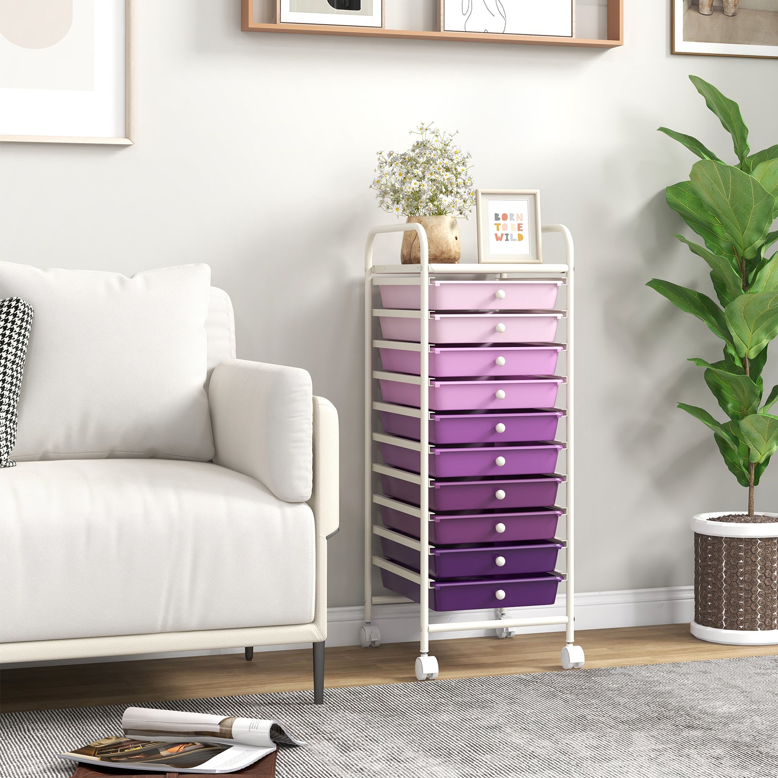 10 Drawer Rolling Storage Cart Organizer with 4 Universal Casters, Purple File Cabinets at Gallery Canada
