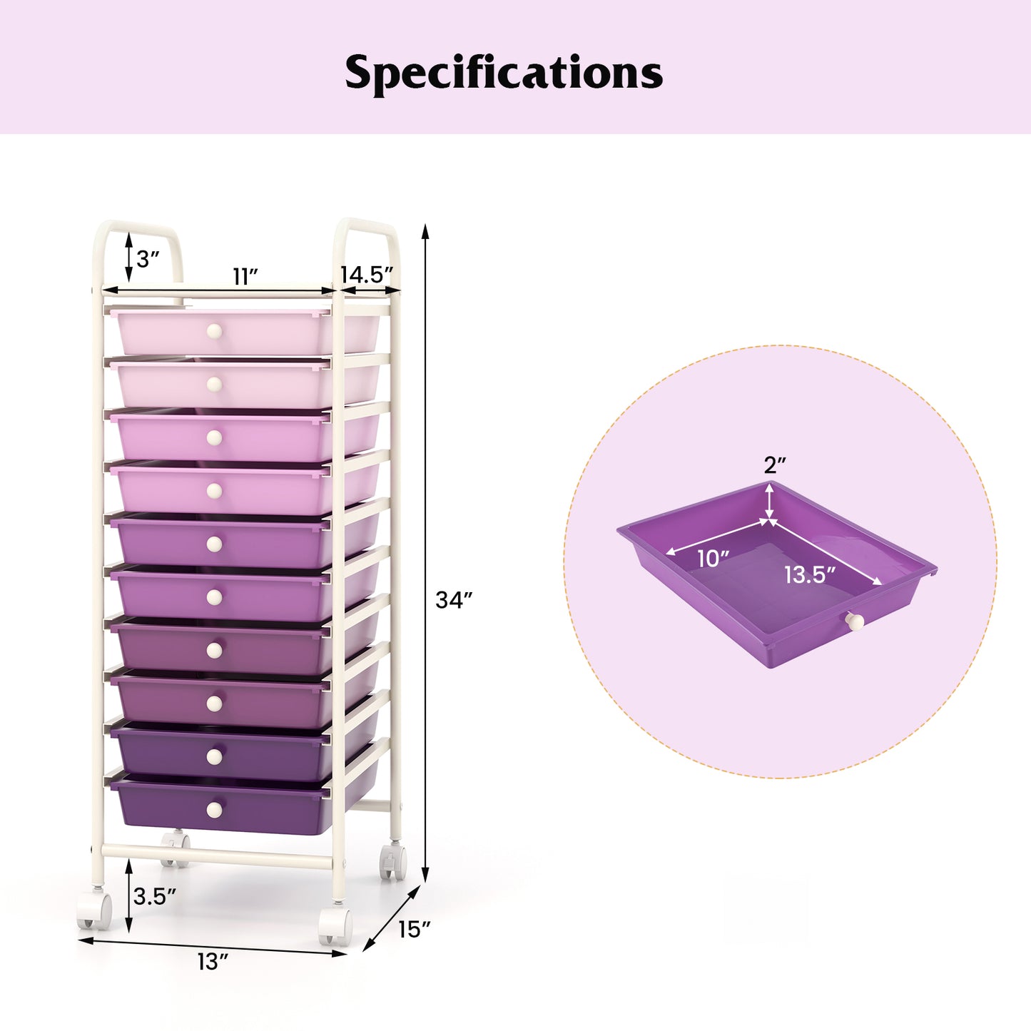 10 Drawer Rolling Storage Cart Organizer with 4 Universal Casters, Purple File Cabinets at Gallery Canada