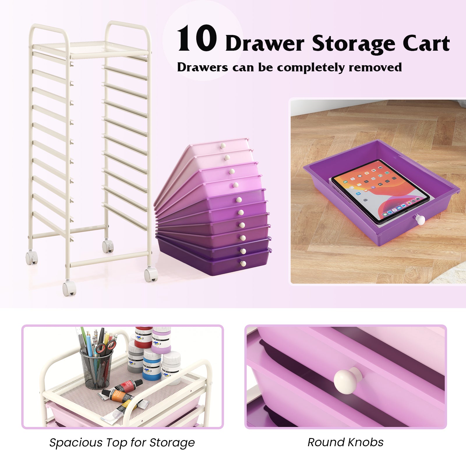 10 Drawer Rolling Storage Cart Organizer with 4 Universal Casters, Purple File Cabinets at Gallery Canada