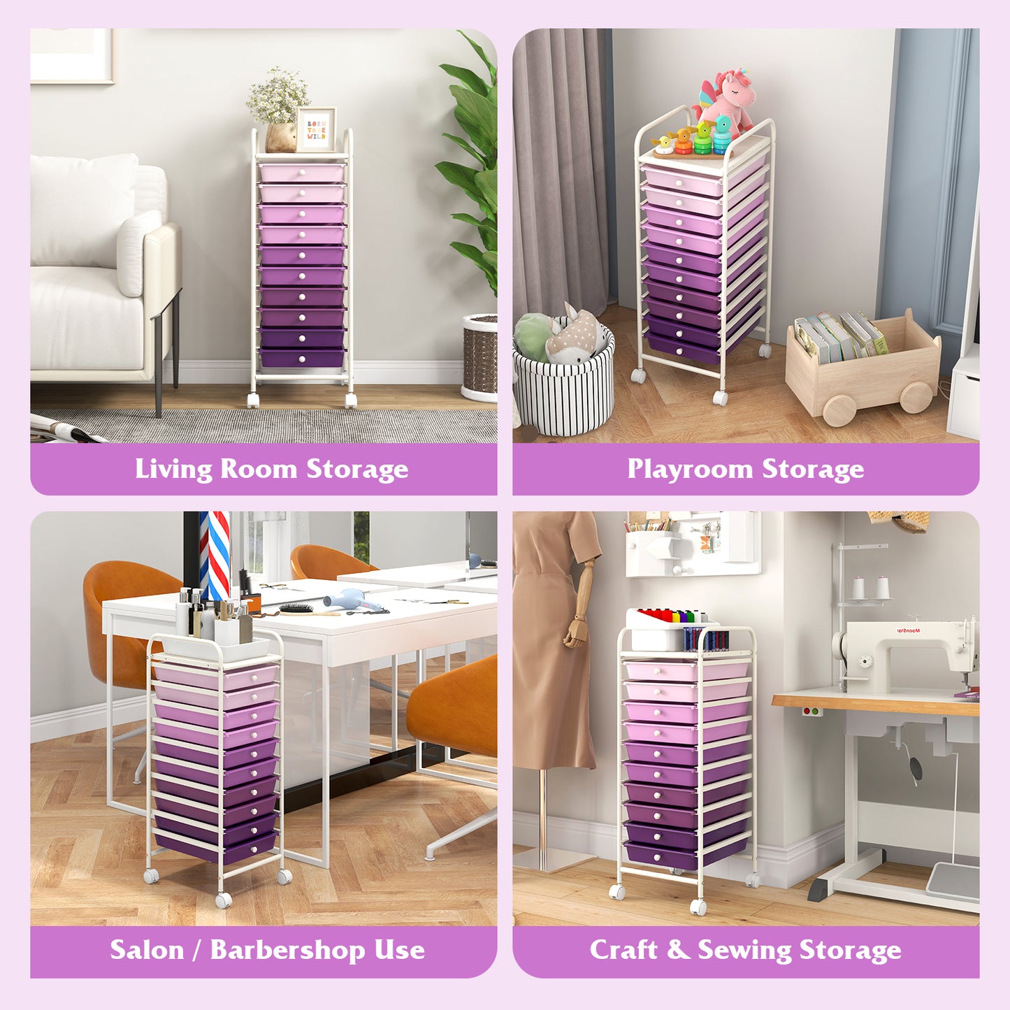 10 Drawer Rolling Storage Cart Organizer with 4 Universal Casters, Purple File Cabinets at Gallery Canada