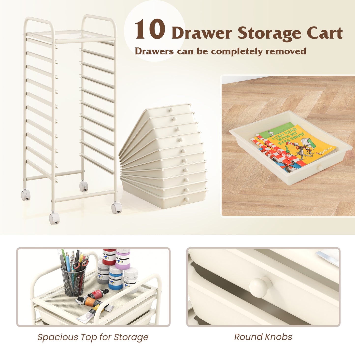 10 Drawer Rolling Storage Cart Organizer with 4 Universal Casters, White File Cabinets at Gallery Canada