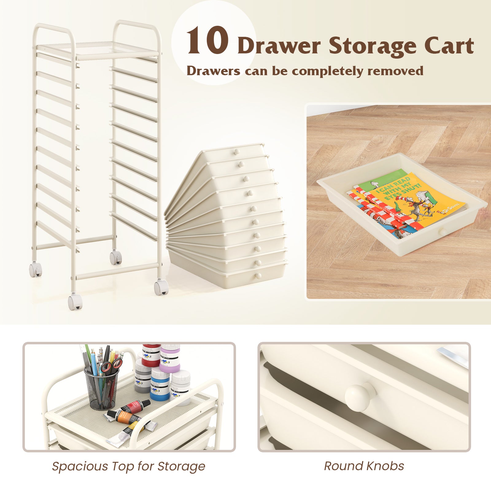10 Drawer Rolling Storage Cart Organizer with 4 Universal Casters, White File Cabinets at Gallery Canada