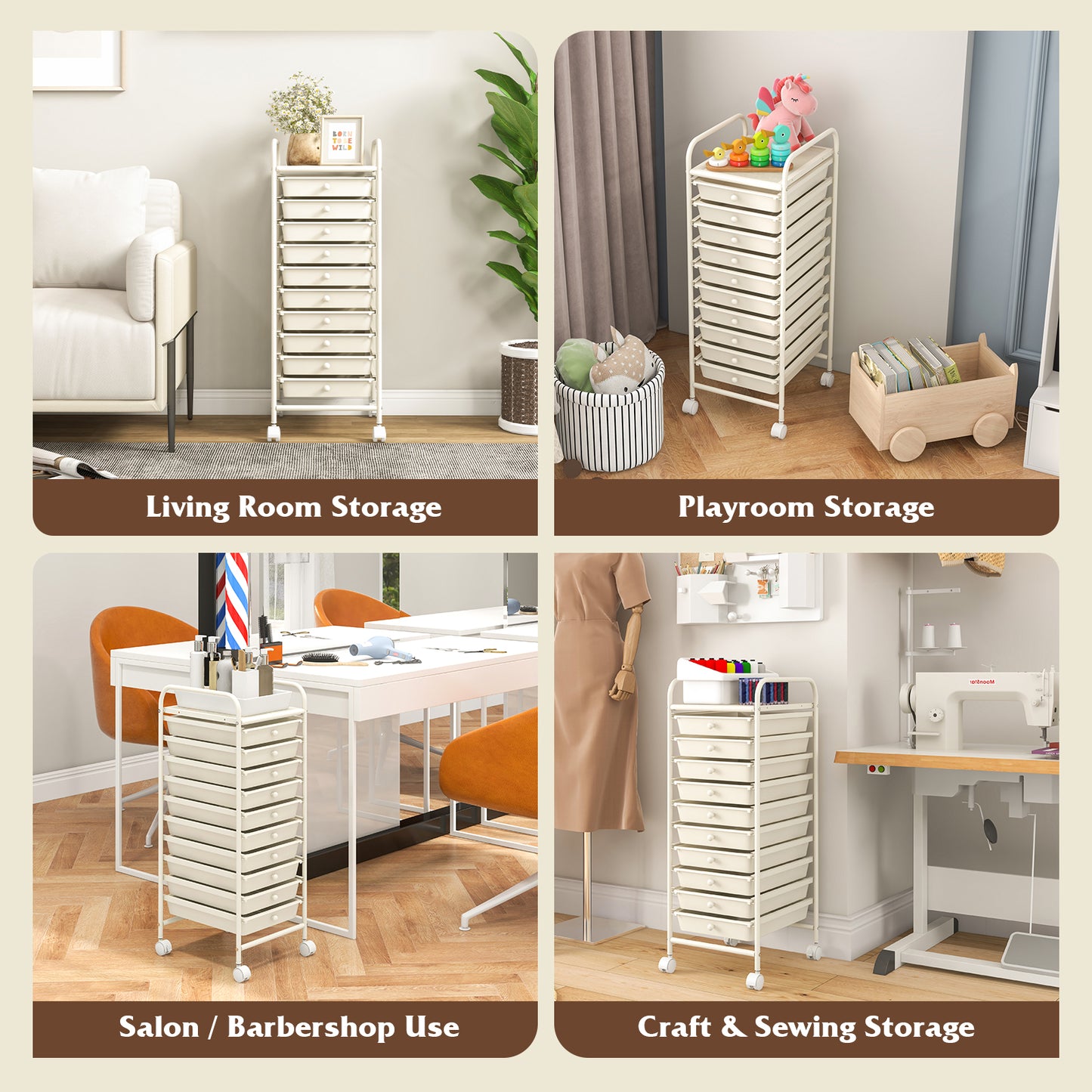 10 Drawer Rolling Storage Cart Organizer with 4 Universal Casters, White File Cabinets at Gallery Canada