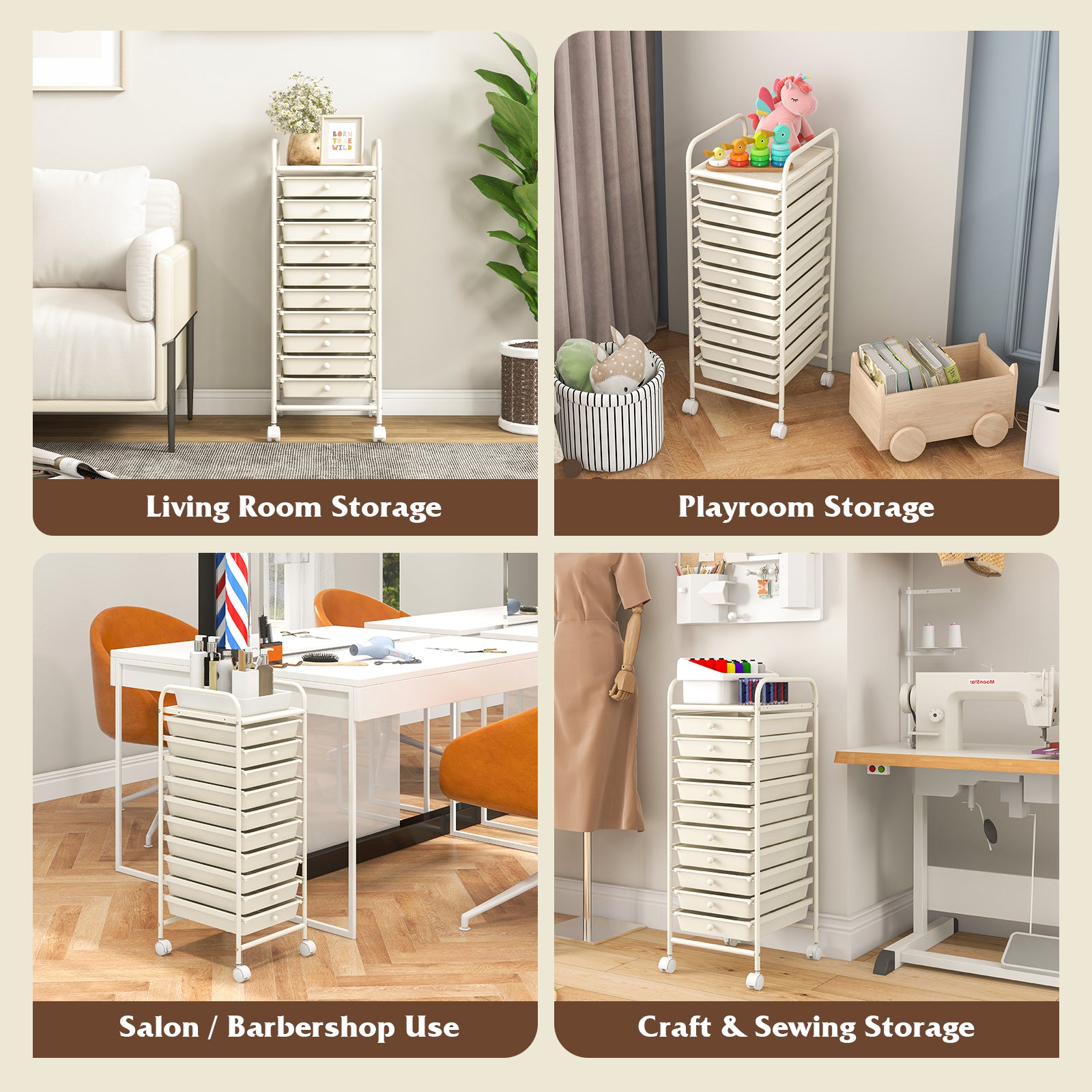10 Drawer Rolling Storage Cart Organizer with 4 Universal Casters, White File Cabinets at Gallery Canada