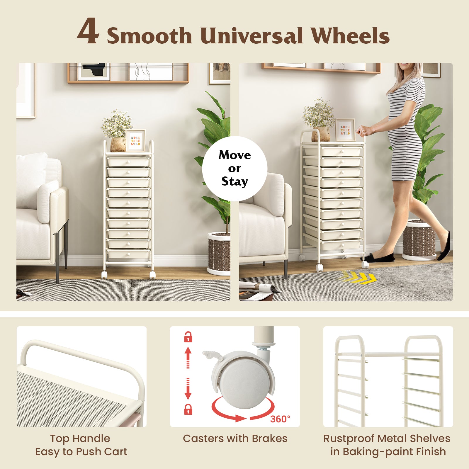 10 Drawer Rolling Storage Cart Organizer with 4 Universal Casters, White File Cabinets at Gallery Canada