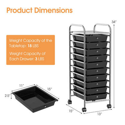10 Drawer Rolling Storage Cart Organizer with 4 Universal Casters, Black File Cabinets at Gallery Canada