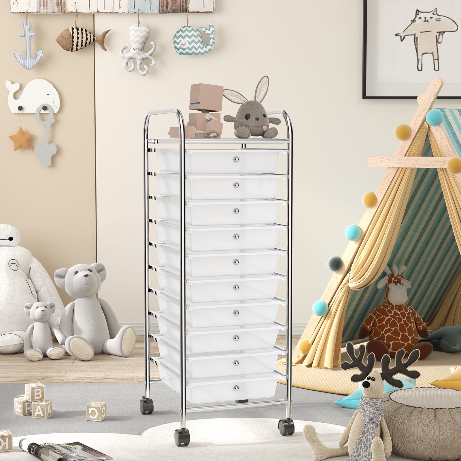 10 Drawer Rolling Storage Cart Organizer with 4 Universal Casters, Transparent File Cabinets at Gallery Canada