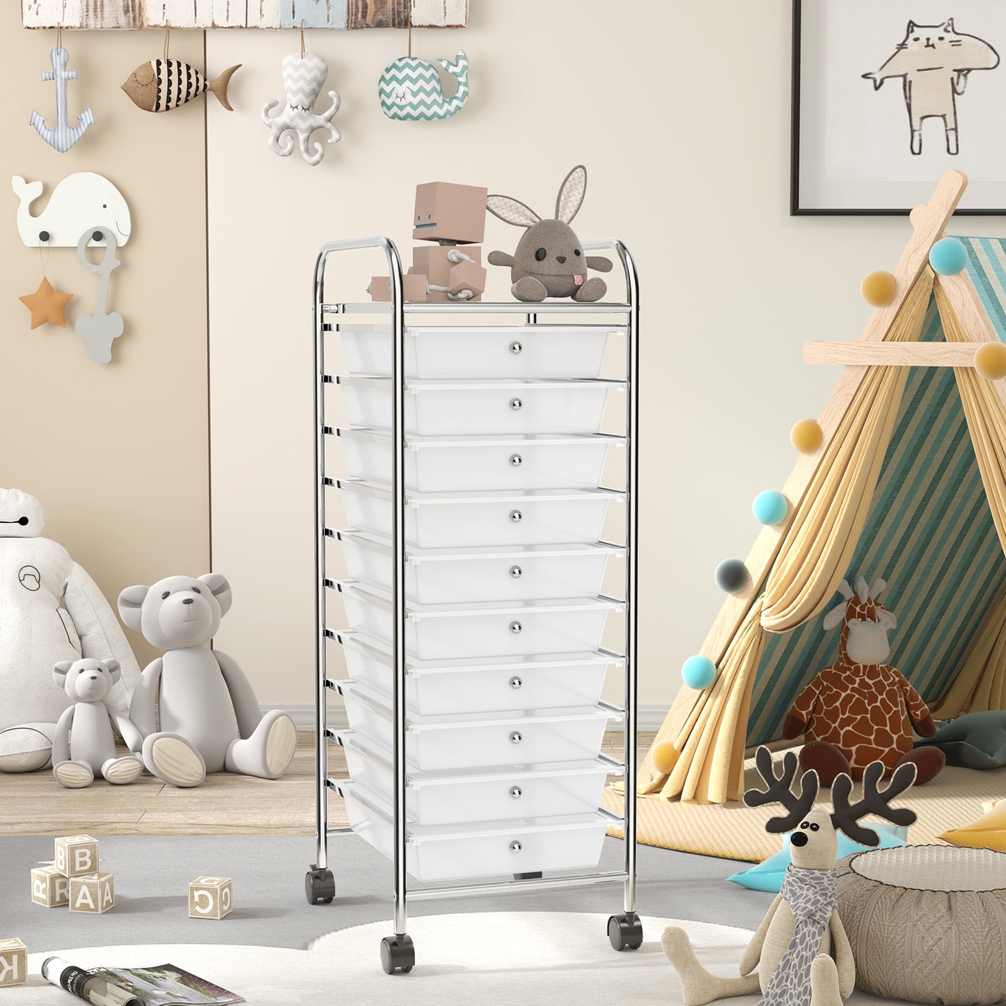 10 Drawer Rolling Storage Cart Organizer with 4 Universal Casters, Transparent File Cabinets at Gallery Canada