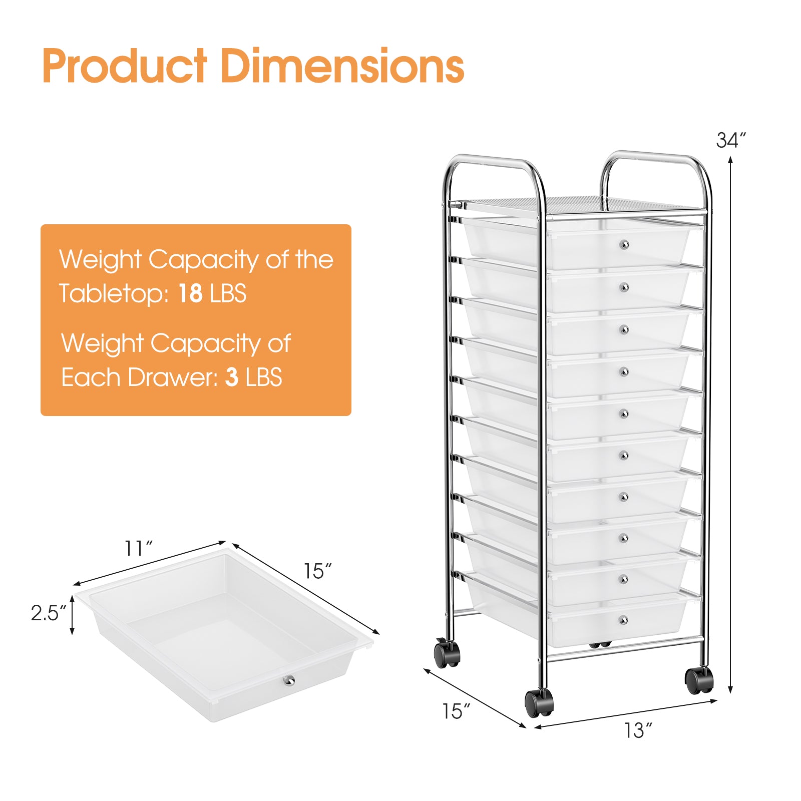 10 Drawer Rolling Storage Cart Organizer with 4 Universal Casters, Transparent File Cabinets at Gallery Canada