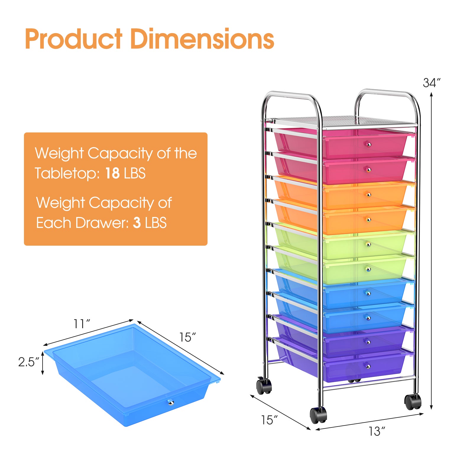 10 Drawer Rolling Storage Cart Organizer with 4 Universal Casters, Transparent Multicolor File Cabinets at Gallery Canada
