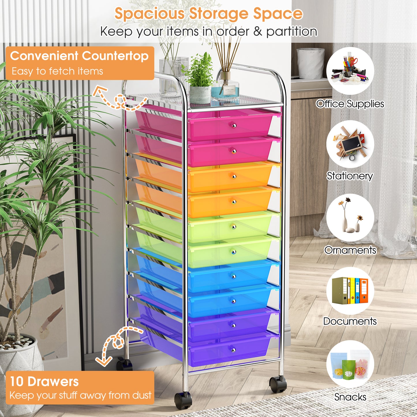 10 Drawer Rolling Storage Cart Organizer with 4 Universal Casters, Transparent Multicolor File Cabinets at Gallery Canada