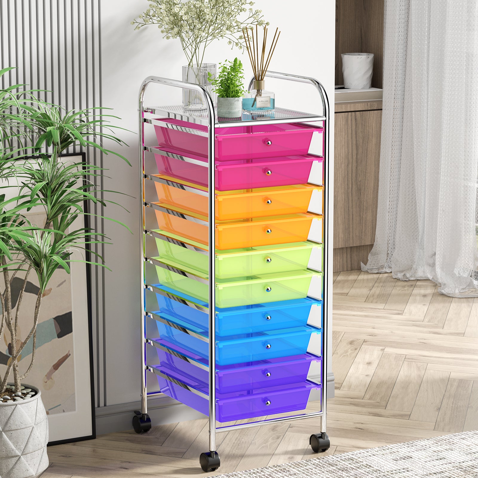 10 Drawer Rolling Storage Cart Organizer with 4 Universal Casters, Transparent Multicolor File Cabinets at Gallery Canada
