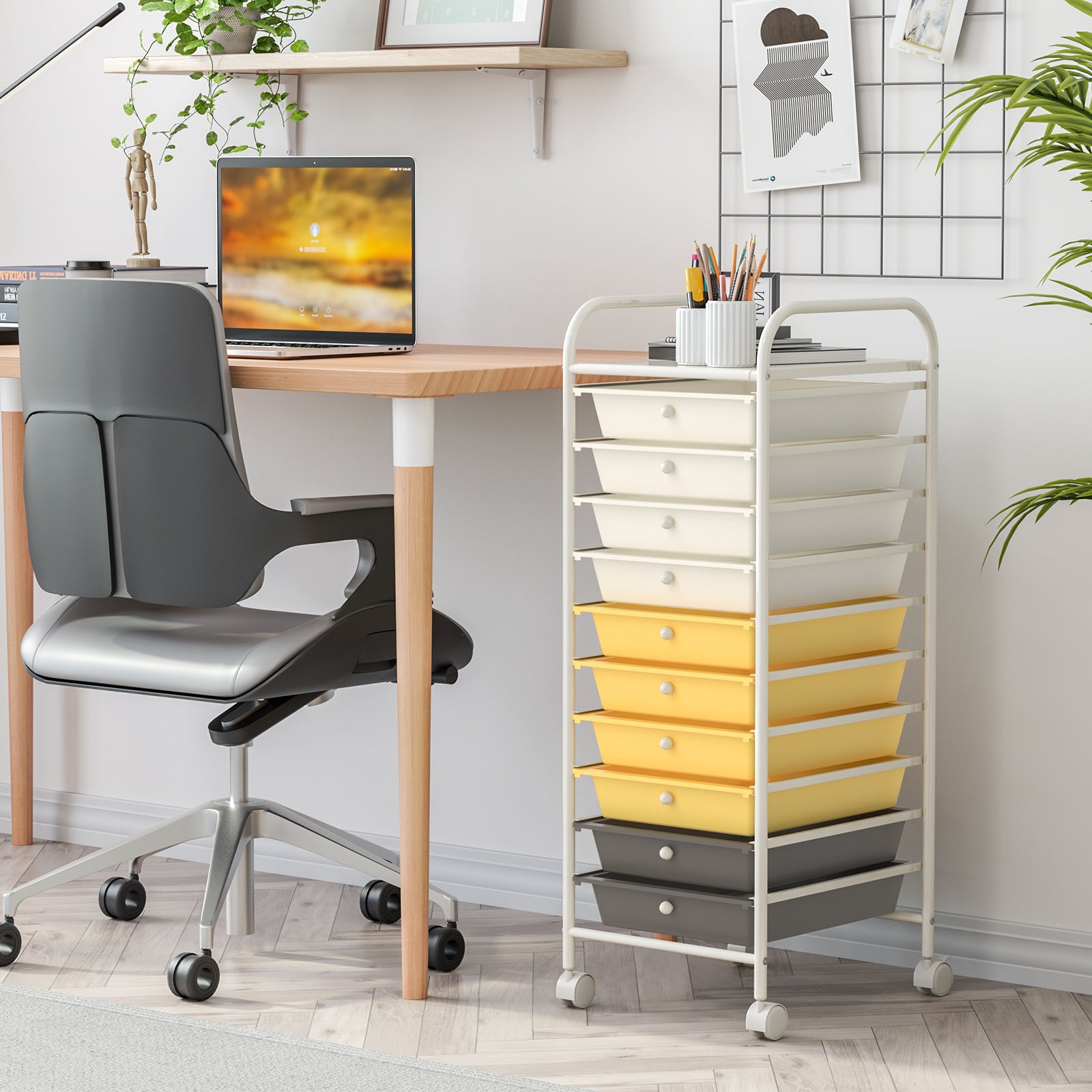 10 Drawer Rolling Storage Cart, 4 Casters, Yellow File Cabinets at Gallery Canada