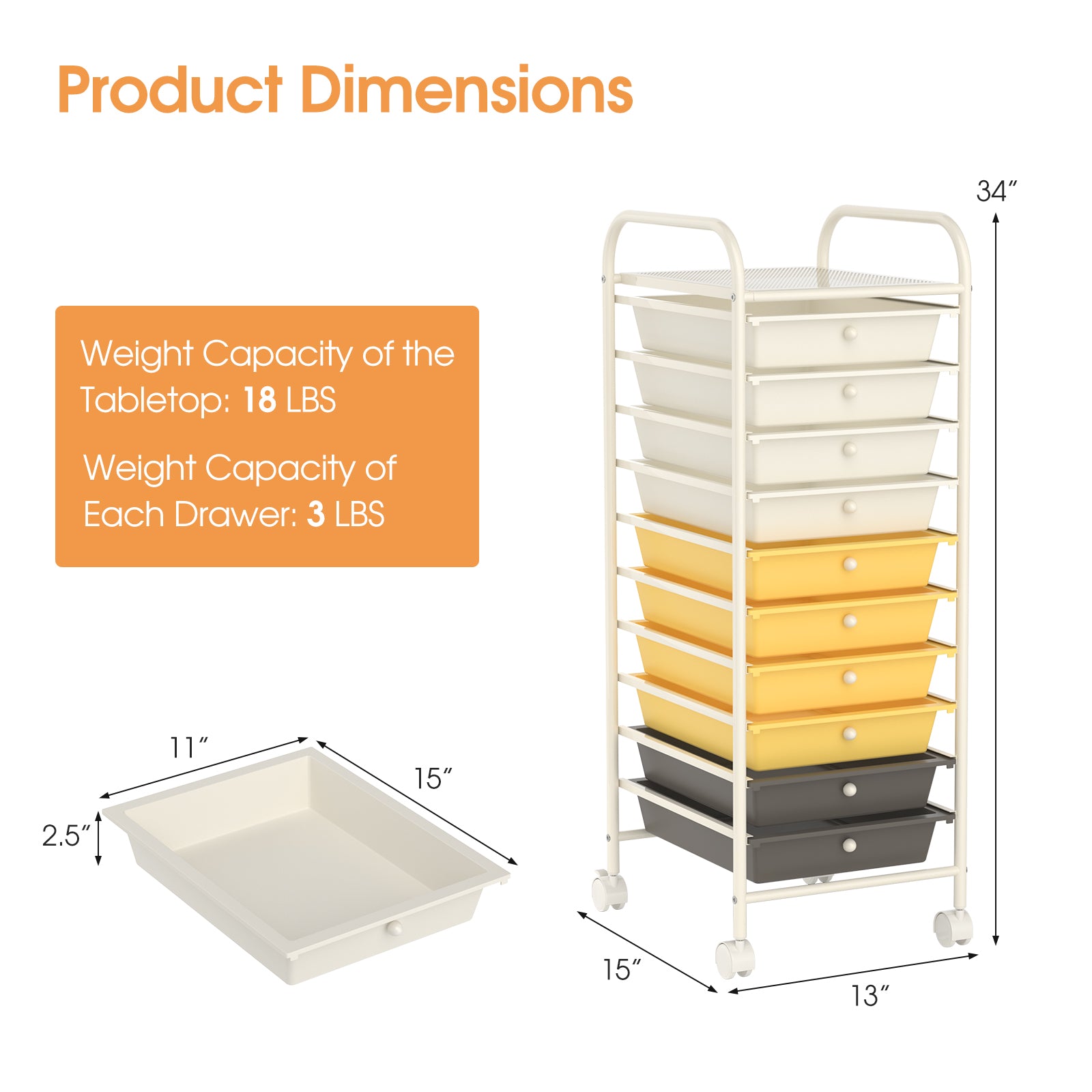 10 Drawer Rolling Storage Cart Organizer with 4 Universal Casters, Yellow File Cabinets at Gallery Canada