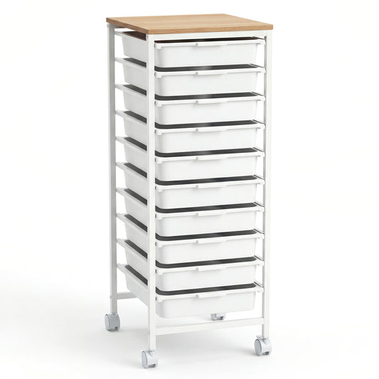 10-Drawer Rolling Storage Cart Mobile Utility Organizer with Wooden Tabletop and Lockable Wheels, White File Cabinets White at Gallery Canada