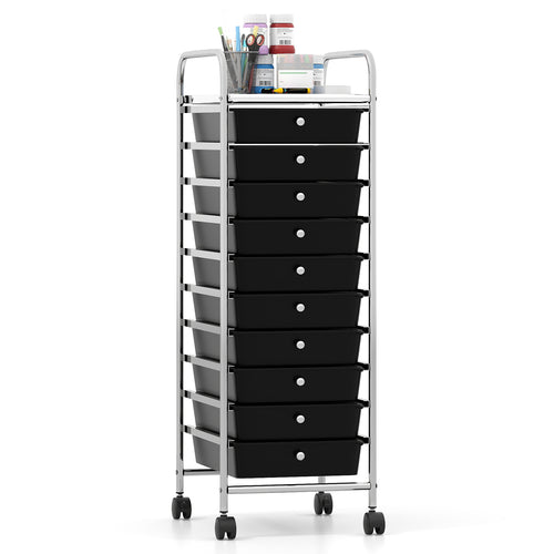 10-Drawer Rolling Storage Cart, Metal Frame, Lockable Wheels, Black