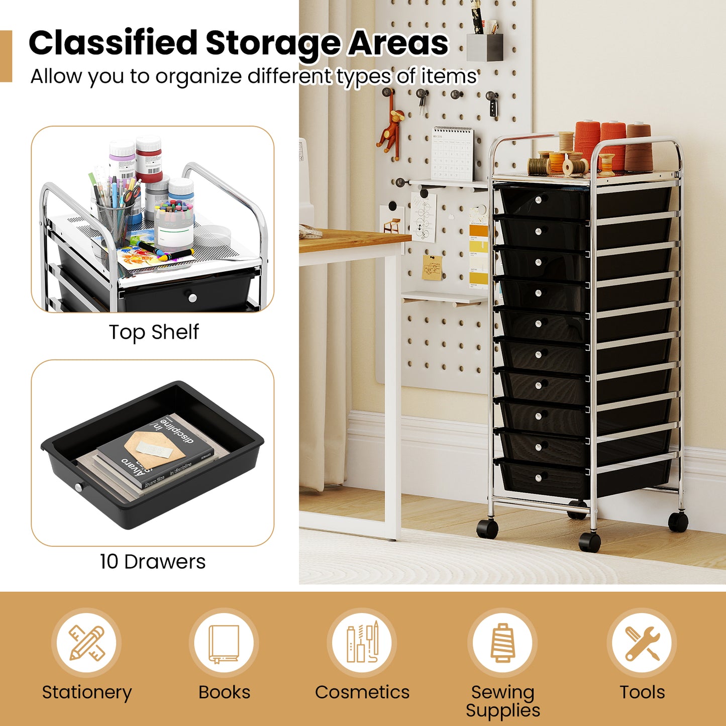 10-Drawer Rolling Storage Cart, Metal Frame, Lockable Wheels, Black File Cabinets at Gallery Canada