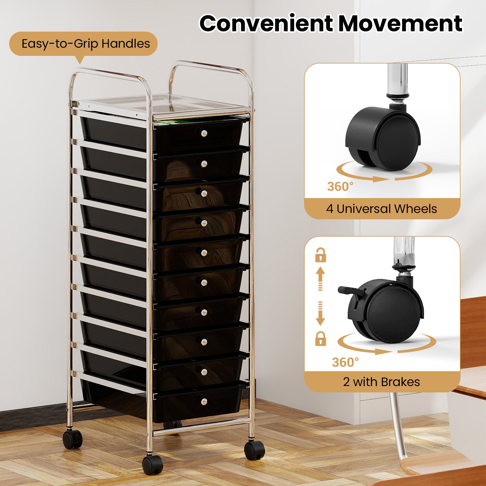 10-Drawer Rolling Storage Cart, Metal Frame, Lockable Wheels, Black File Cabinets at Gallery Canada