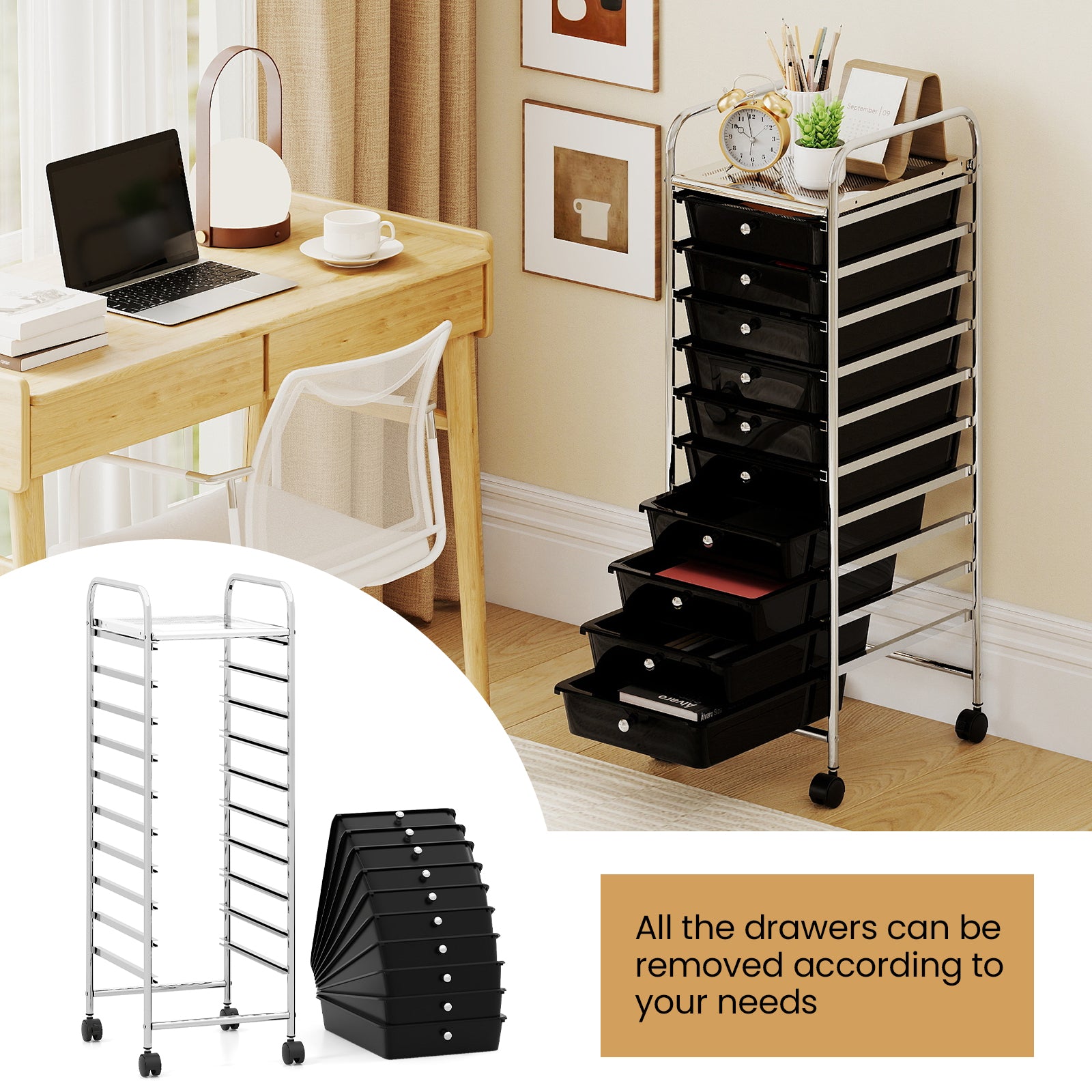 10-Drawer Rolling Storage Cart, Metal Frame, Lockable Wheels, Black File Cabinets at Gallery Canada