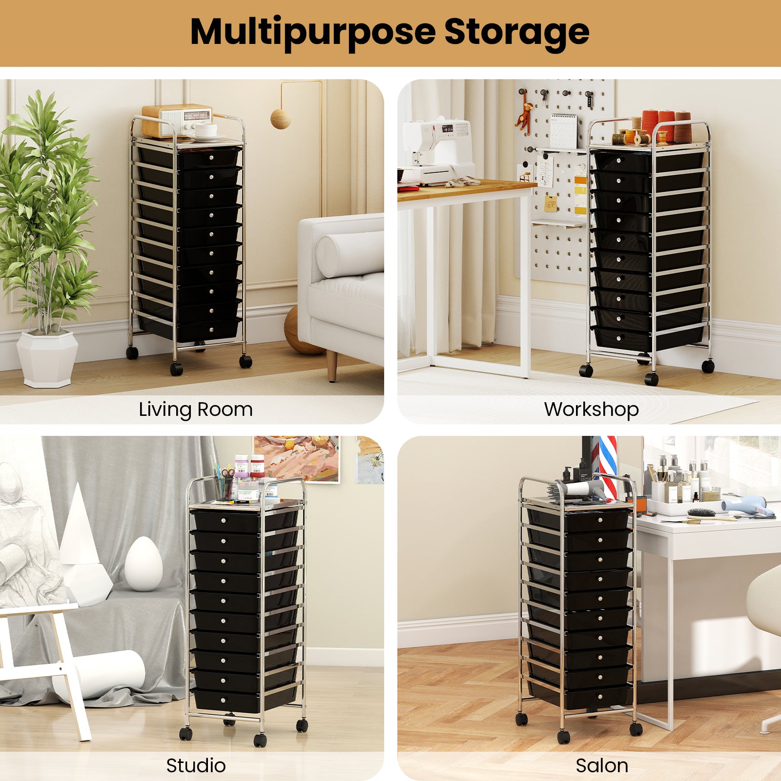 10-Drawer Rolling Storage Cart, Metal Frame, Lockable Wheels, Black File Cabinets at Gallery Canada