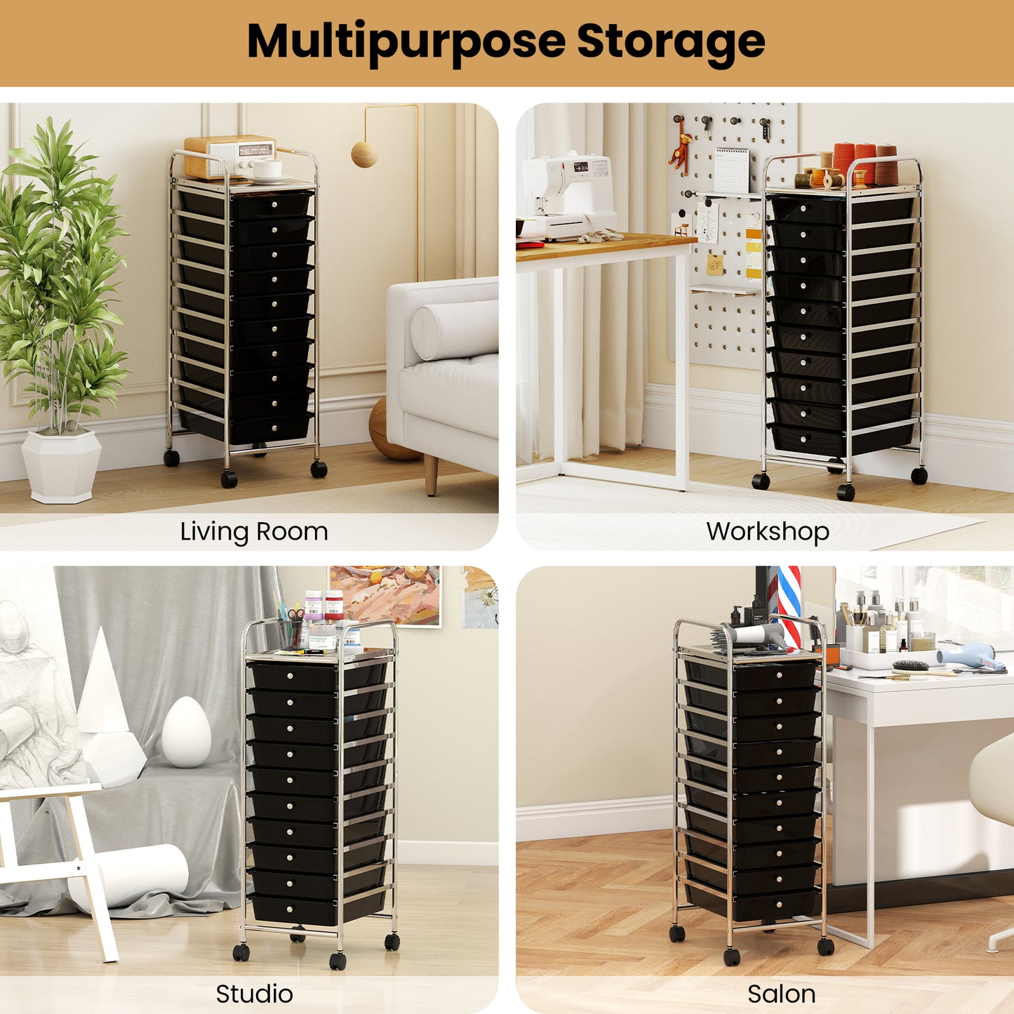 10-Drawer Rolling Storage Cart, Metal Frame, Lockable Wheels, Black File Cabinets at Gallery Canada