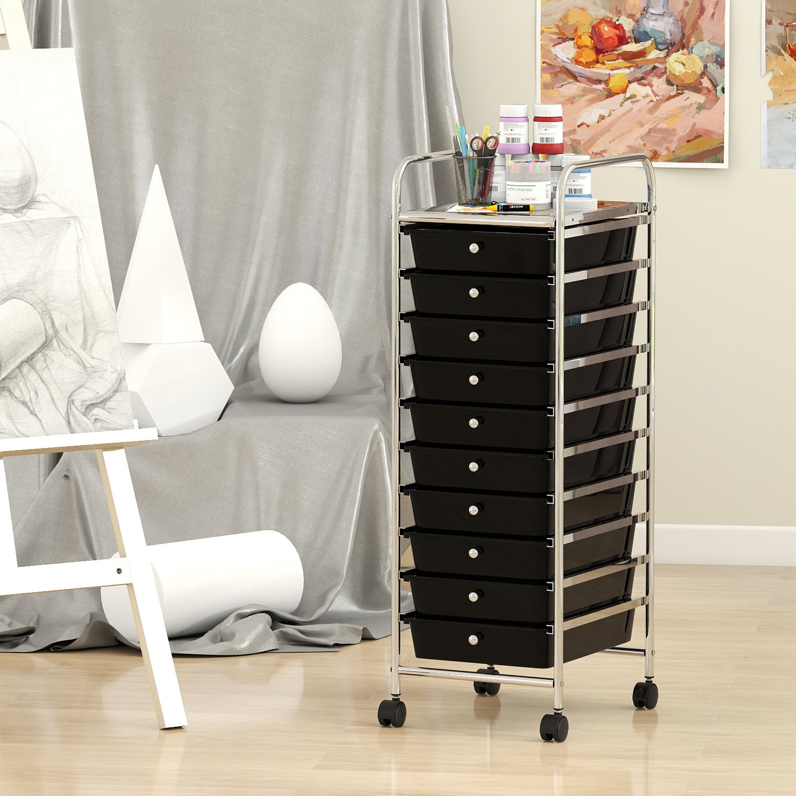 10-Drawer Rolling Storage Cart, Metal Frame, Lockable Wheels, Black File Cabinets at Gallery Canada