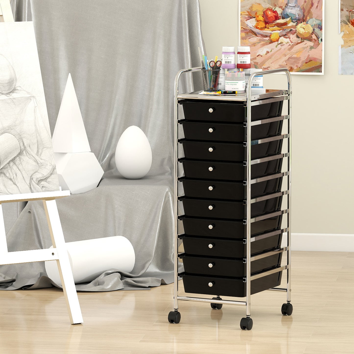 10-Drawer Rolling Storage Cart, Metal Frame, Lockable Wheels, Black File Cabinets at Gallery Canada