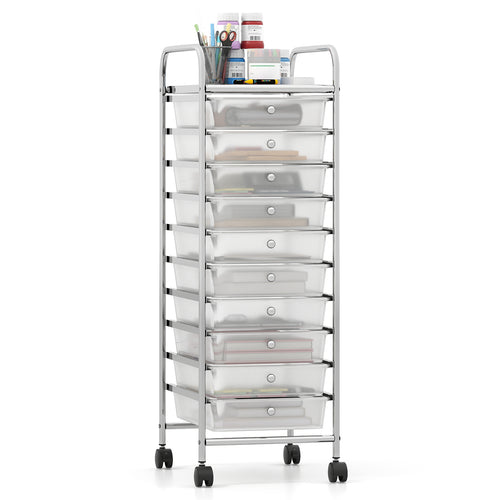10-Drawer Rolling Storage Cart, Metal Frame, Lockable Wheels, White