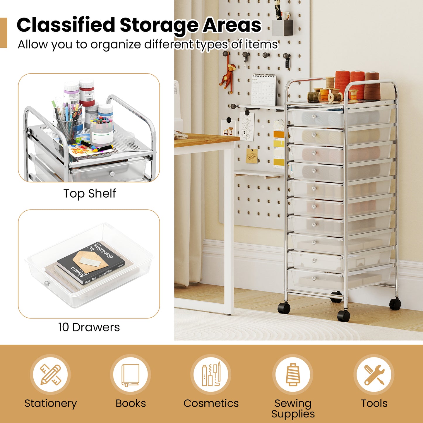 10-Drawer Rolling Storage Cart, Metal Frame, Lockable Wheels, White File Cabinets at Gallery Canada
