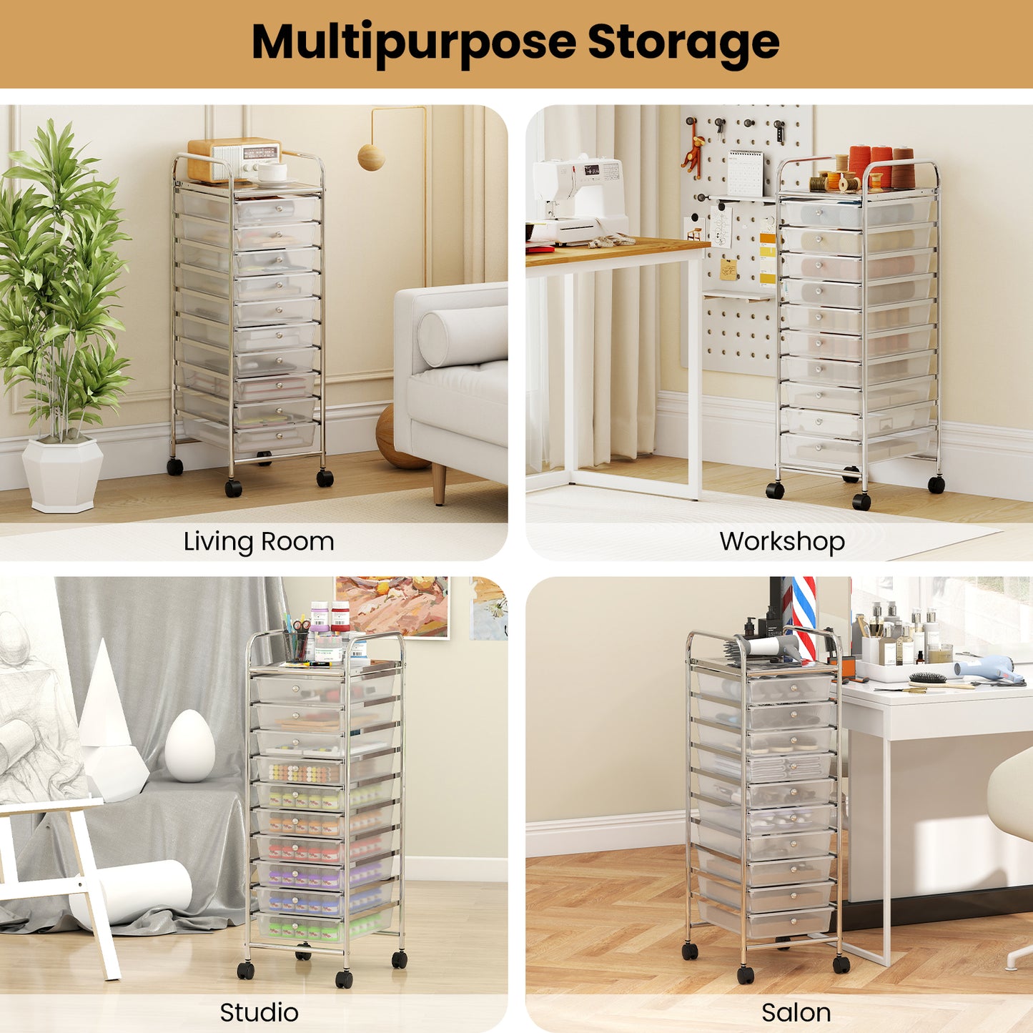 10-Drawer Rolling Storage Cart, Metal Frame, Lockable Wheels, White File Cabinets at Gallery Canada