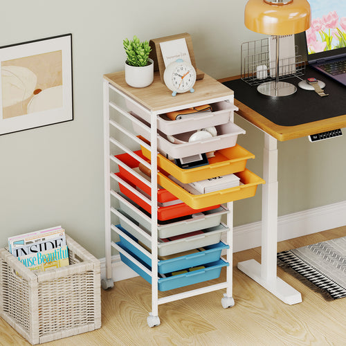 10-Drawer Rolling Storage Cart, Mobile Utility Organizer, Wooden Tabletop, Lockable Wheels, Macaron