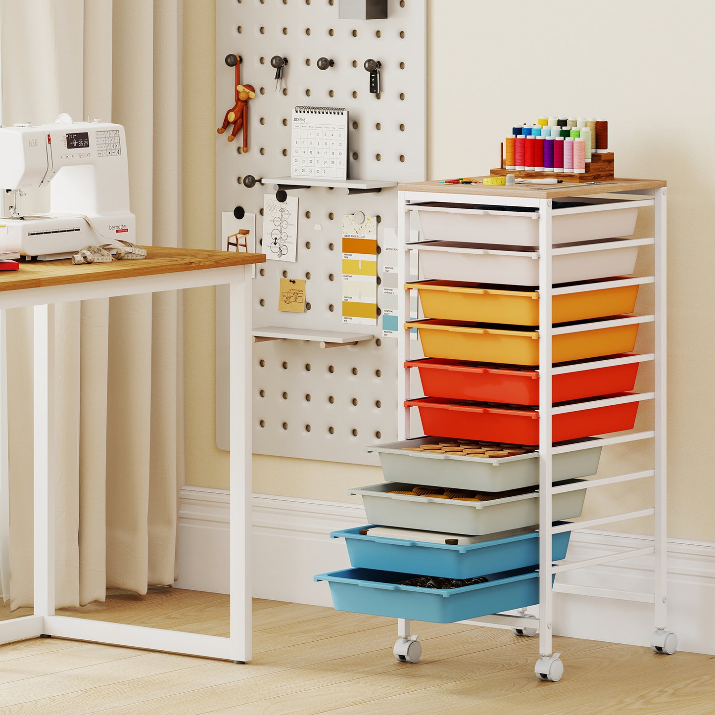 10-Drawer Rolling Storage Cart, Mobile Utility Organizer, Wooden Tabletop, Lockable Wheels, Macaron File Cabinets at Gallery Canada
