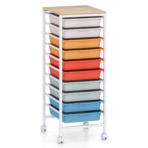 10-Drawer Rolling Storage Cart, Mobile Utility Organizer, Wooden Tabletop, Lockable Wheels, Macaron