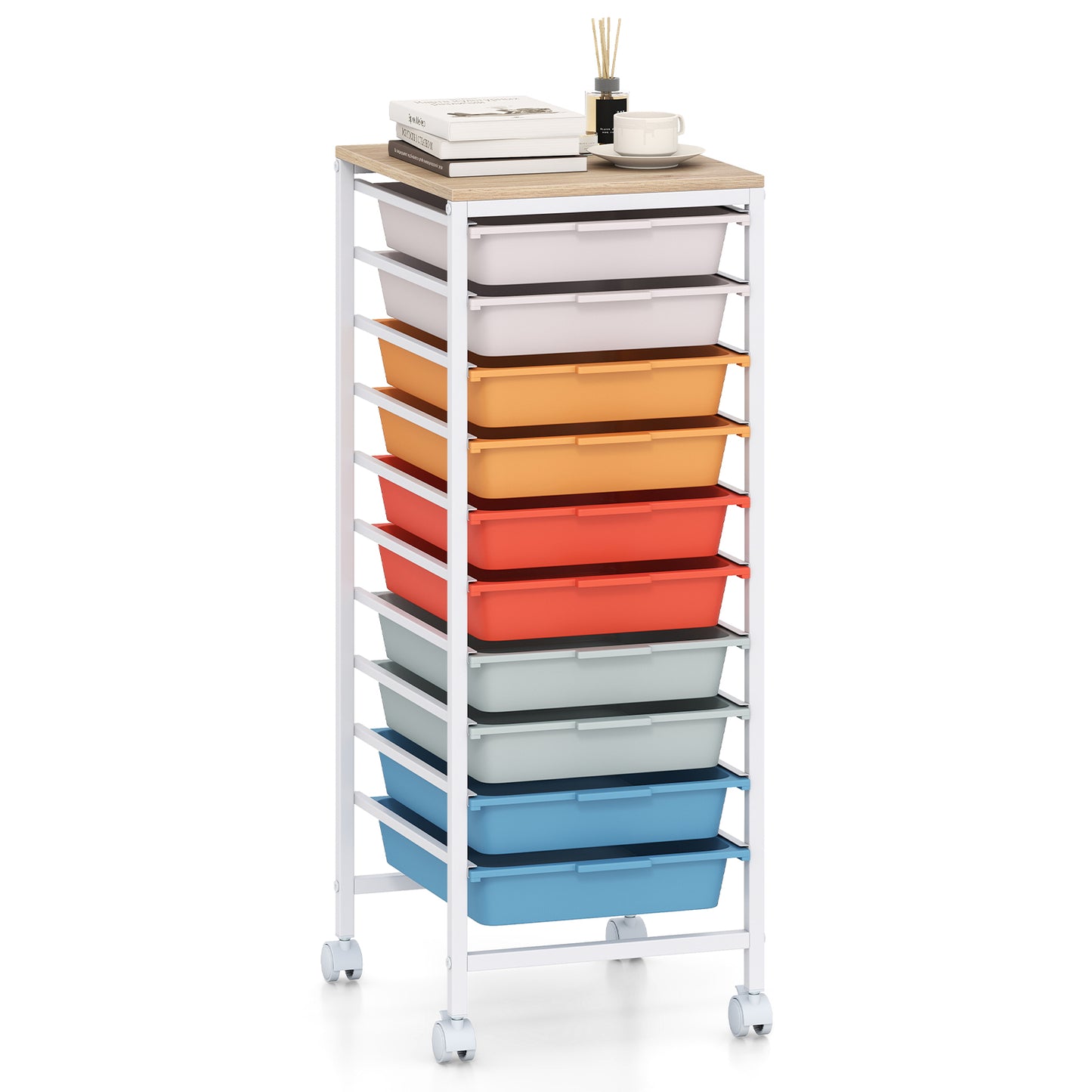 10-Drawer Rolling Storage Cart, Mobile Utility Organizer, Wooden Tabletop, Lockable Wheels, Macaron File Cabinets at Gallery Canada
