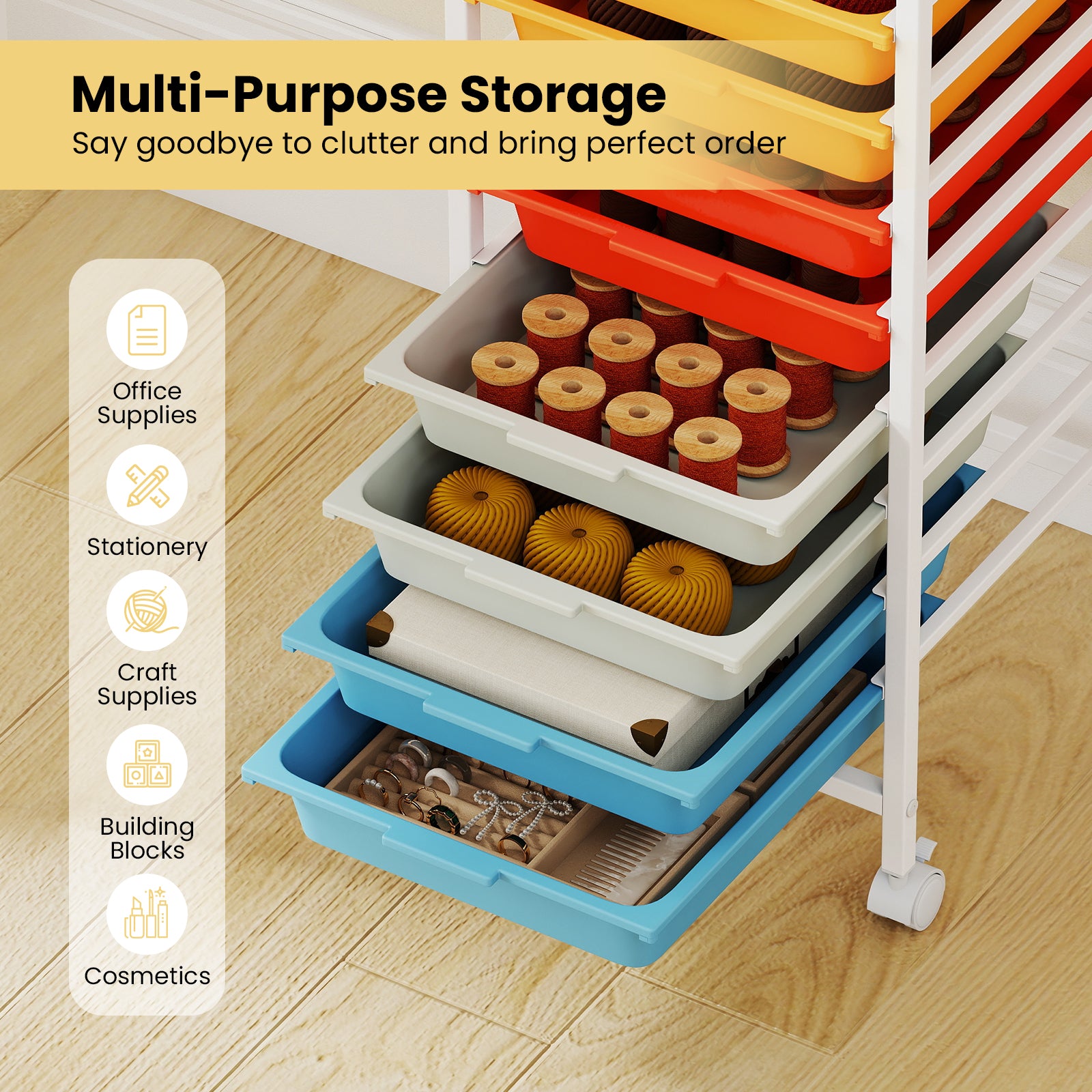 10-Drawer Rolling Storage Cart, Mobile Utility Organizer, Wooden Tabletop, Lockable Wheels, Macaron File Cabinets at Gallery Canada