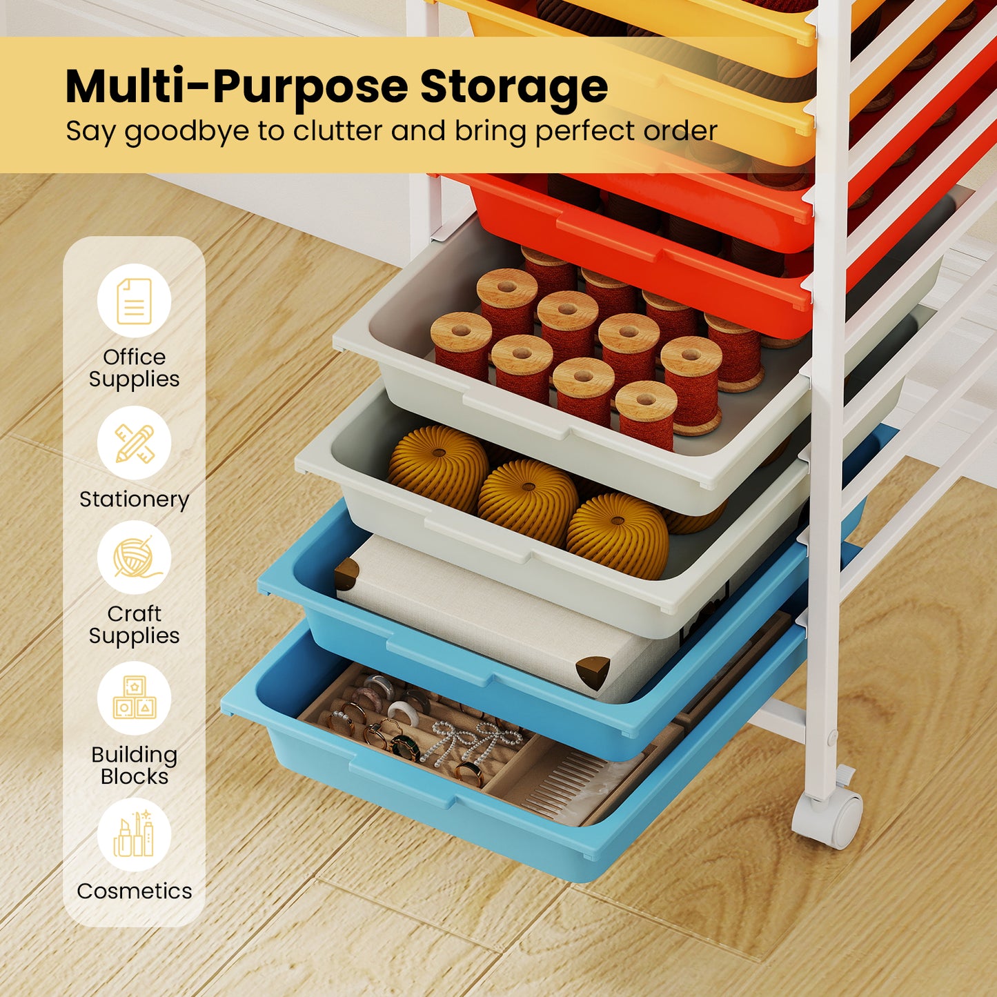 10-Drawer Rolling Storage Cart, Mobile Utility Organizer, Wooden Tabletop, Lockable Wheels, Macaron File Cabinets at Gallery Canada