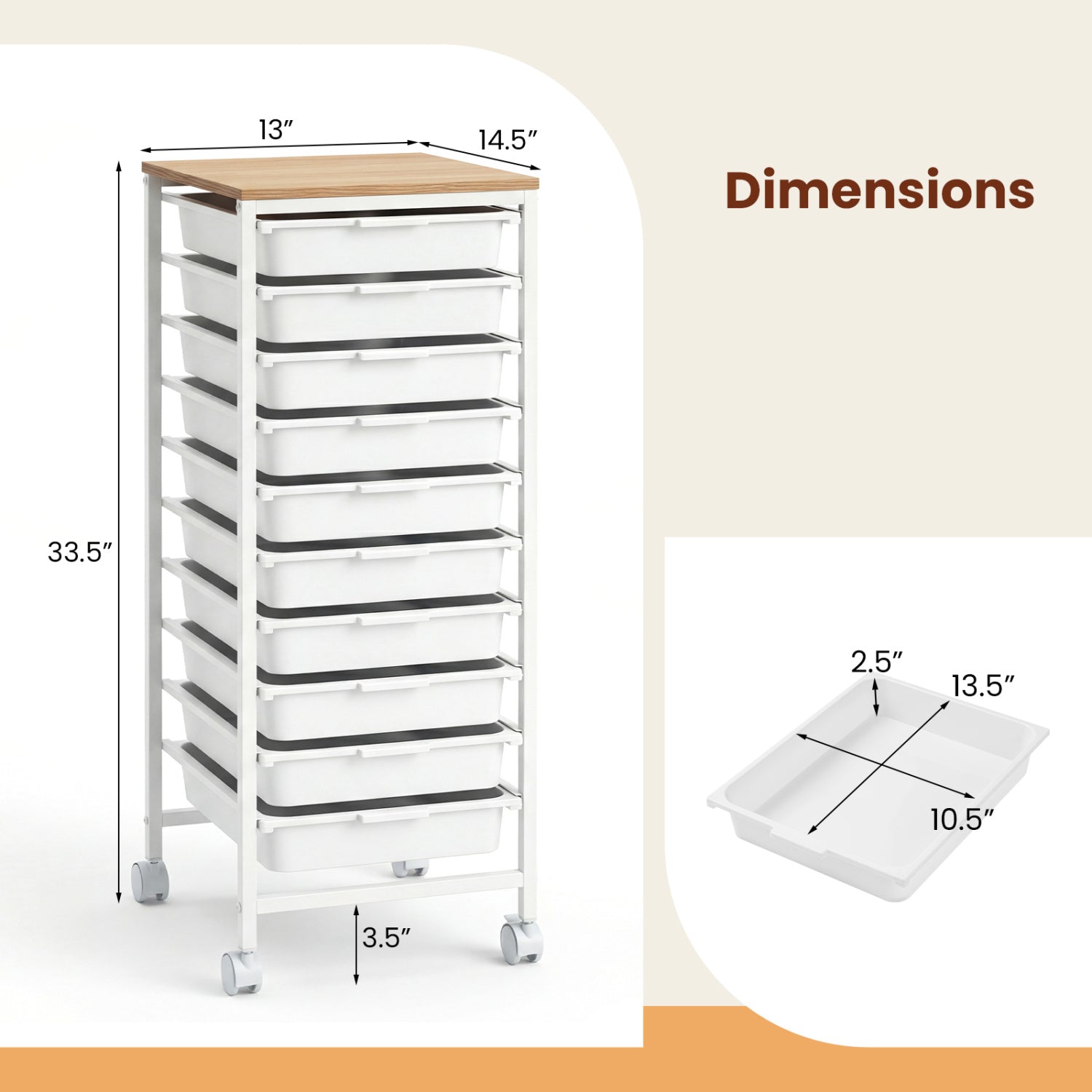 10-Drawer Rolling Storage Cart Mobile Utility Organizer with Wooden Tabletop and Lockable Wheels, White File Cabinets at Gallery Canada