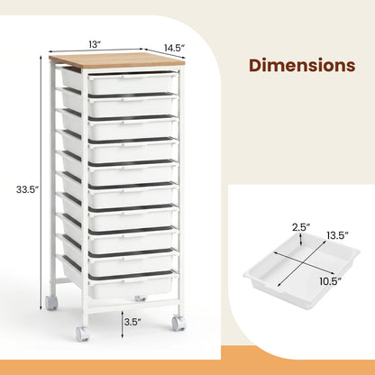 10-Drawer Rolling Storage Cart Mobile Utility Organizer with Wooden Tabletop and Lockable Wheels, White File Cabinets at Gallery Canada