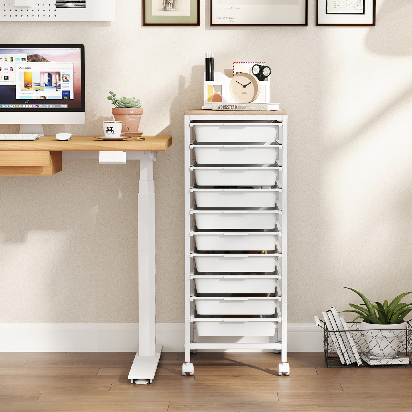 10-Drawer Rolling Storage Cart Mobile Utility Organizer with Wooden Tabletop and Lockable Wheels, White File Cabinets at Gallery Canada