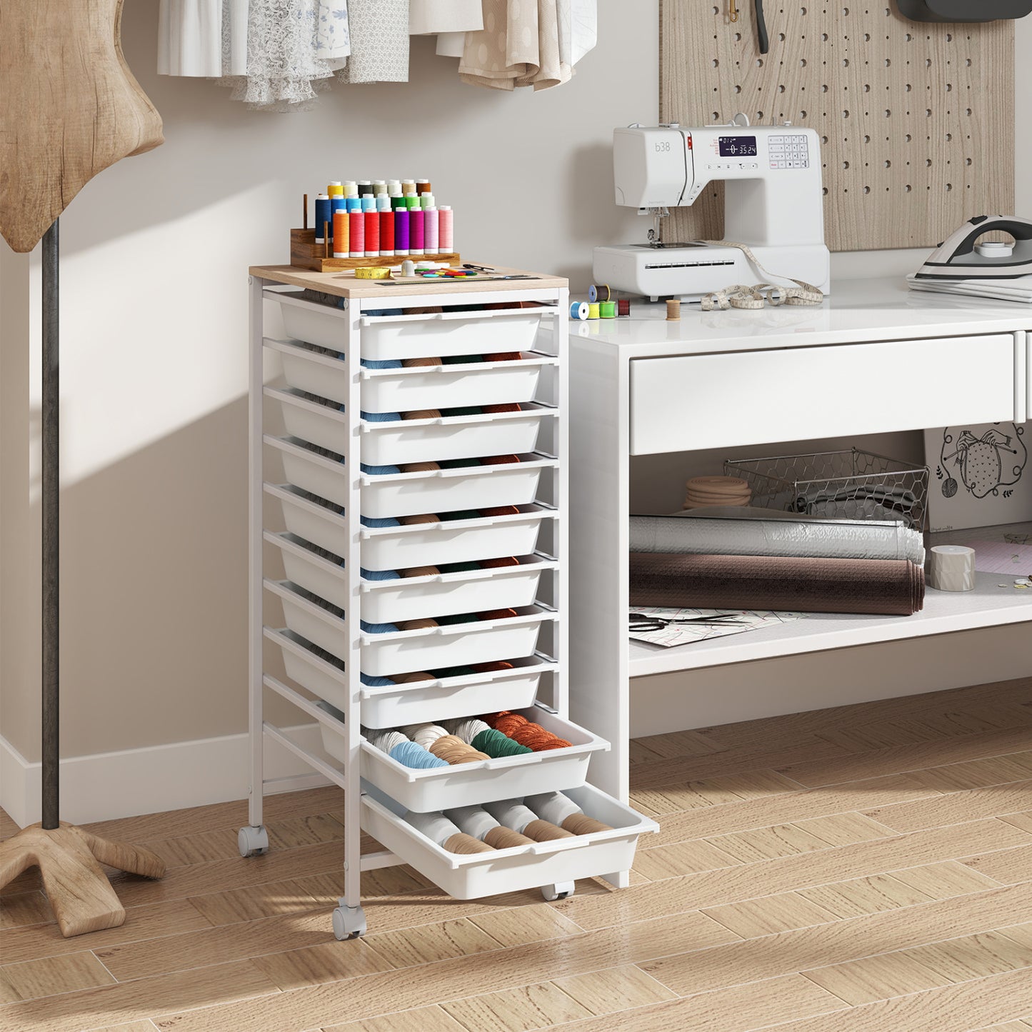 10-Drawer Rolling Storage Cart Mobile Utility Organizer with Wooden Tabletop and Lockable Wheels, White File Cabinets at Gallery Canada