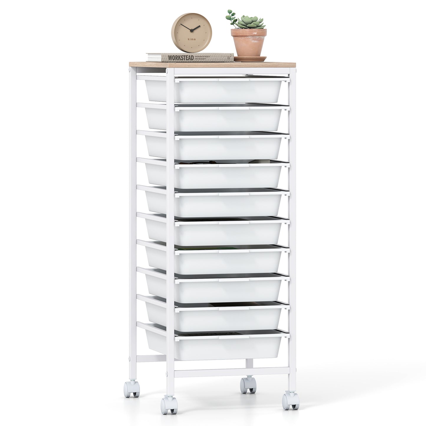 10-Drawer Rolling Storage Cart Mobile Utility Organizer with Wooden Tabletop and Lockable Wheels, White File Cabinets at Gallery Canada