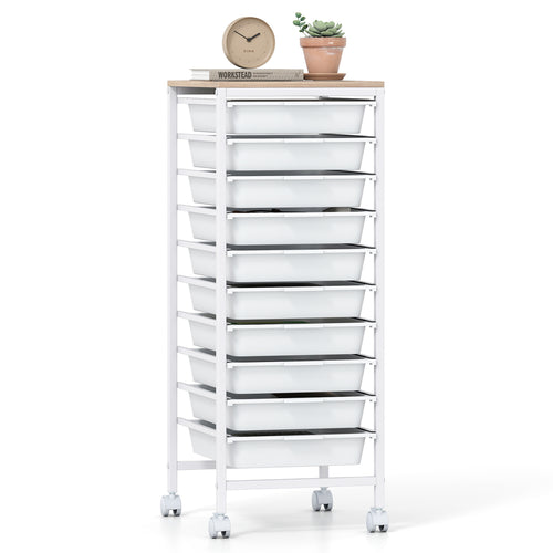10-Drawer Rolling Storage Cart Mobile Utility Organizer with Wooden Tabletop and Lockable Wheels, White