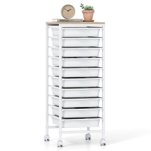 10-Drawer Rolling Storage Cart Mobile Utility Organizer with Wooden Tabletop and Lockable Wheels, White
