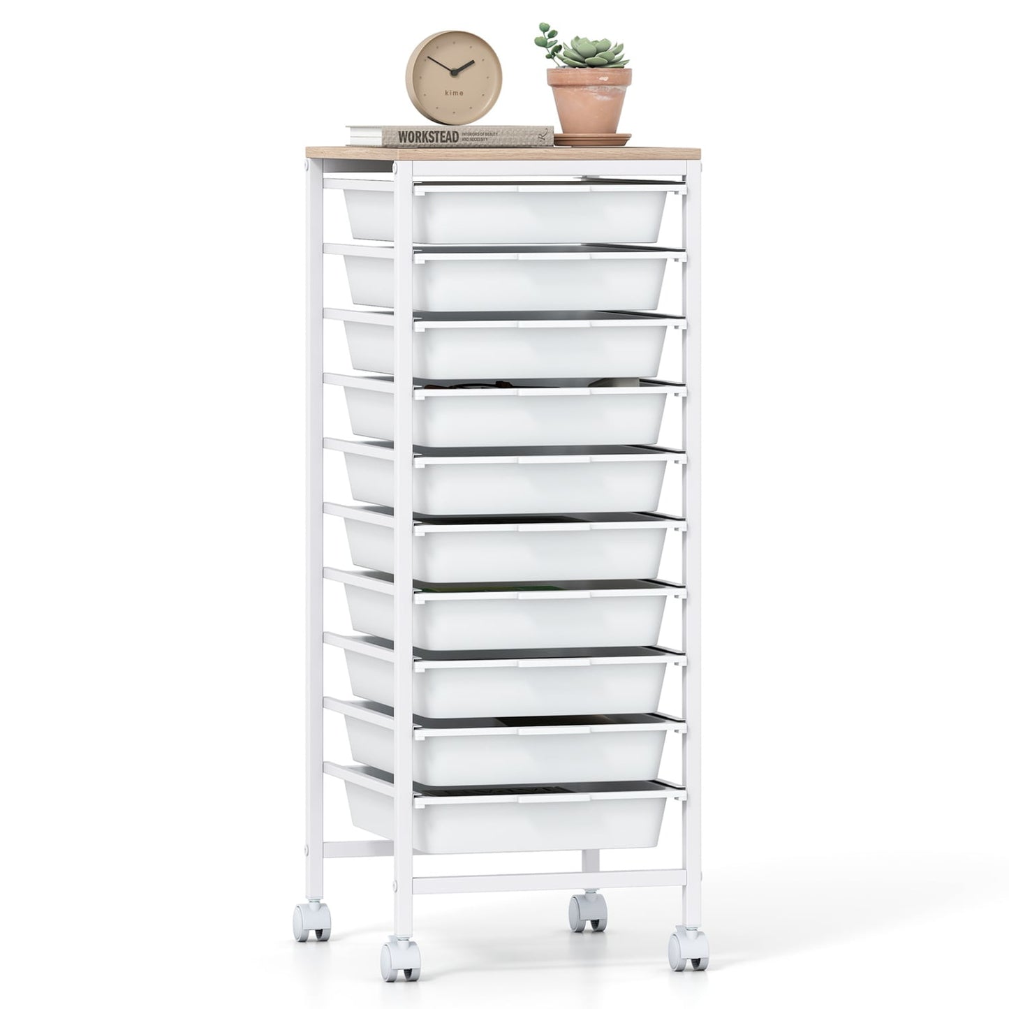 10-Drawer Rolling Storage Cart Mobile Utility Organizer with Wooden Tabletop and Lockable Wheels, White File Cabinets at Gallery Canada