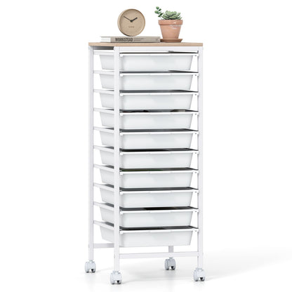 10-Drawer Rolling Storage Cart Mobile Utility Organizer with Wooden Tabletop and Lockable Wheels, White File Cabinets at Gallery Canada