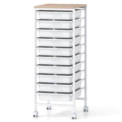 10-Drawer Rolling Storage Cart Mobile Utility Organizer with Wooden Tabletop and Lockable Wheels, White File Cabinets at Gallery Canada